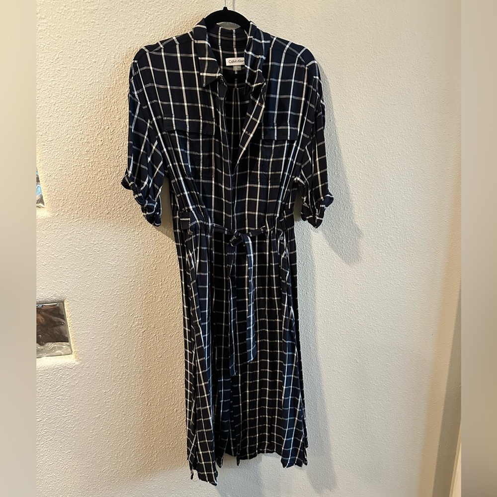 Calvin Klein Button Down Midi Dress with Tie Waist
